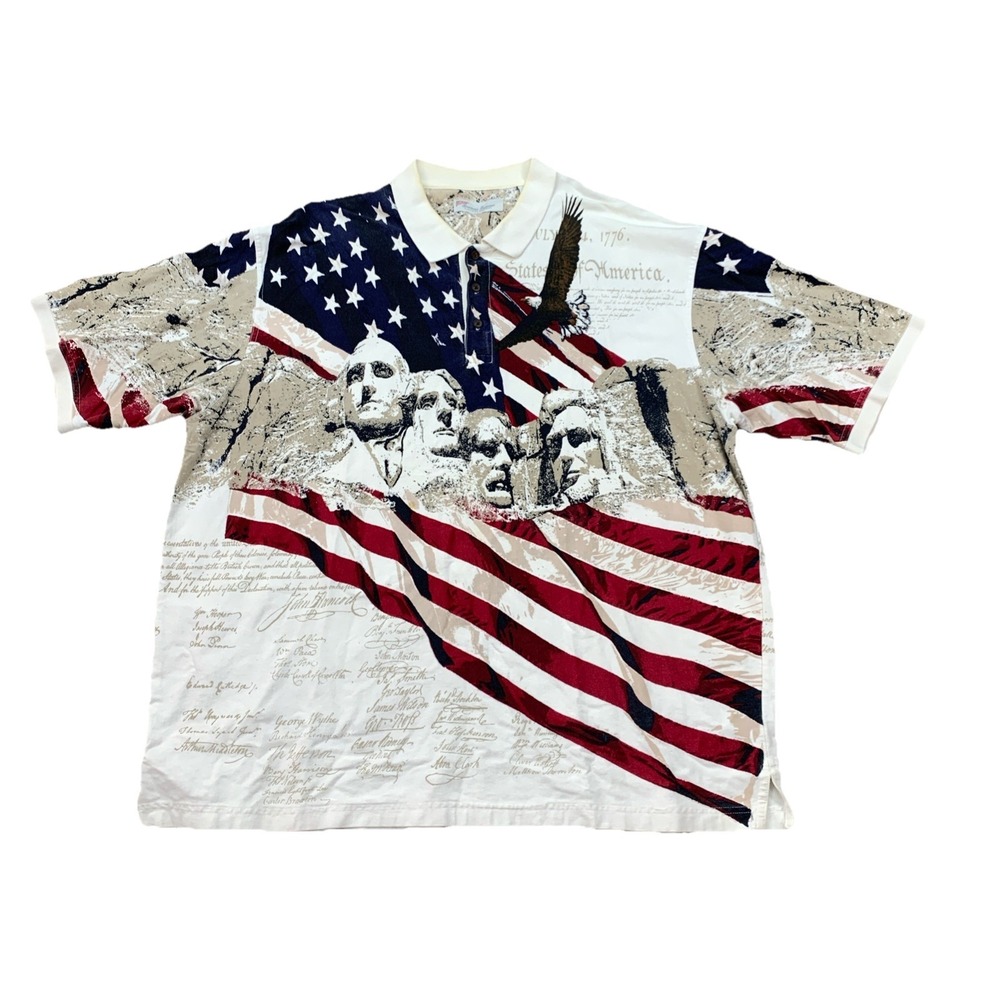 Constitution USA All Over Print Men's Polo Shirt XXL 1776 Patriotic Mt Rushmore